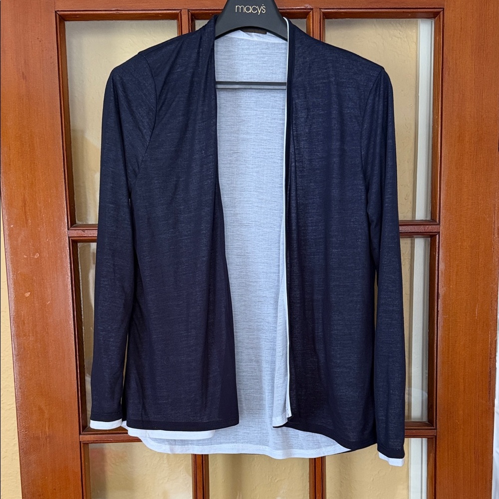 crosby. Black Open-Front Lightweight Cardigan with White Trim